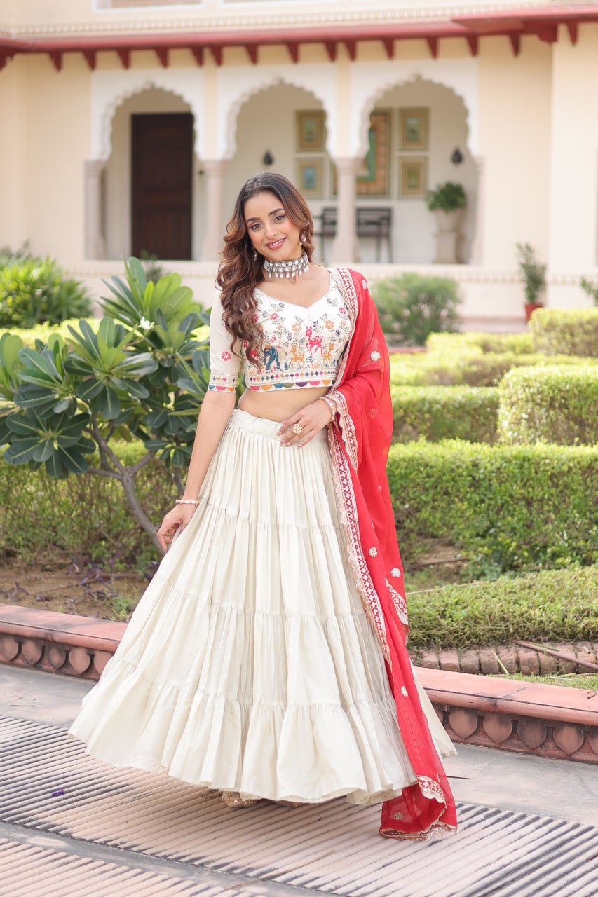 White Orange Cosmos Silk With Standard Frill Stitching Work Lehenga Choli