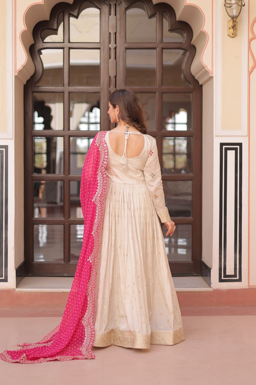 Off White Pink Cosmos Weaving Jequard With Pearl Beads Embroidered Work Gown