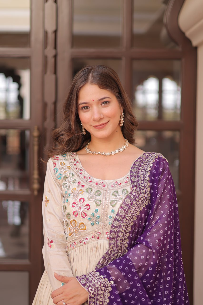 Off White Purple Cosmos Weaving Jequard With Pearl Beads Embroidered Work Gown