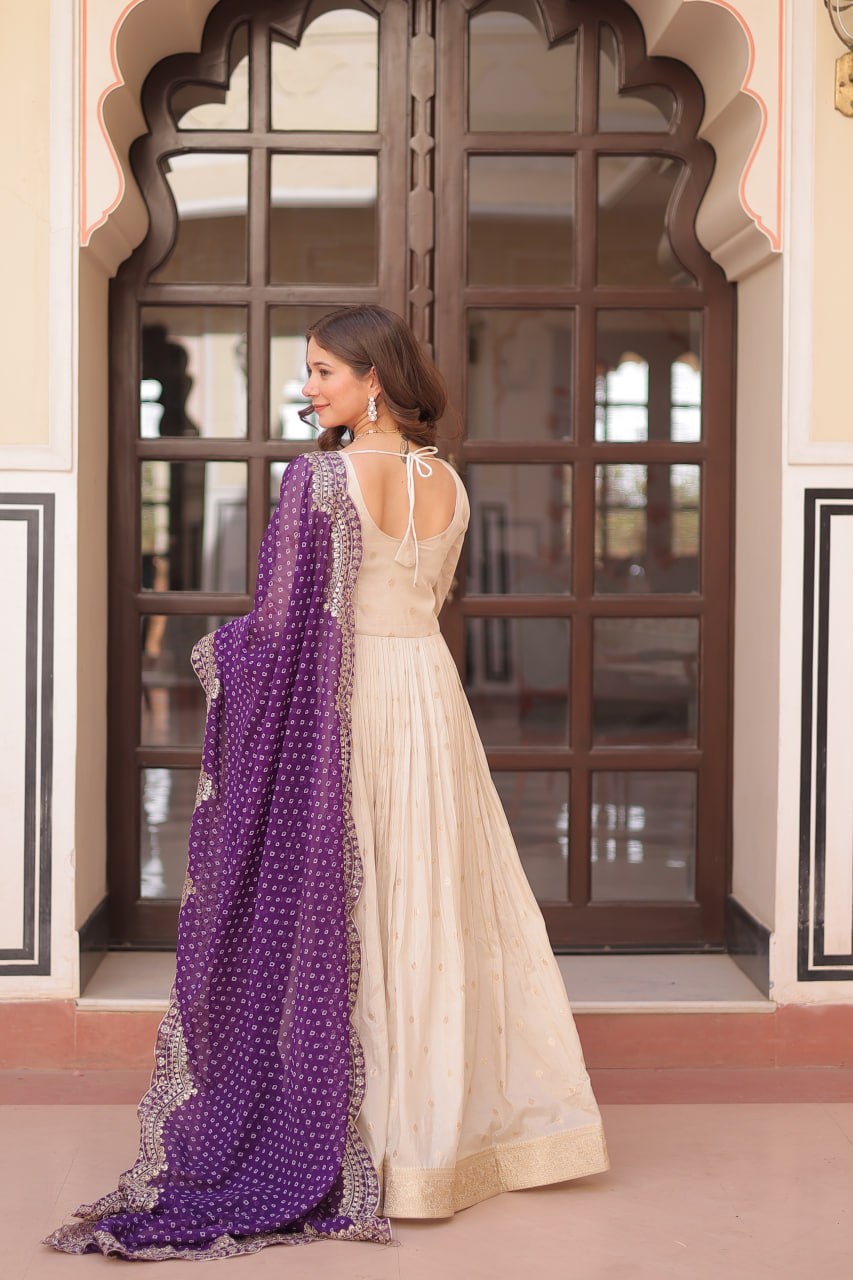 Off White Purple Cosmos Weaving Jequard With Pearl Beads Embroidered Work Gown