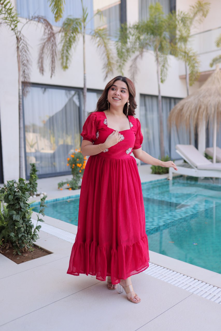 Pink Fendi Silk With Beads Embroidered Work Gown