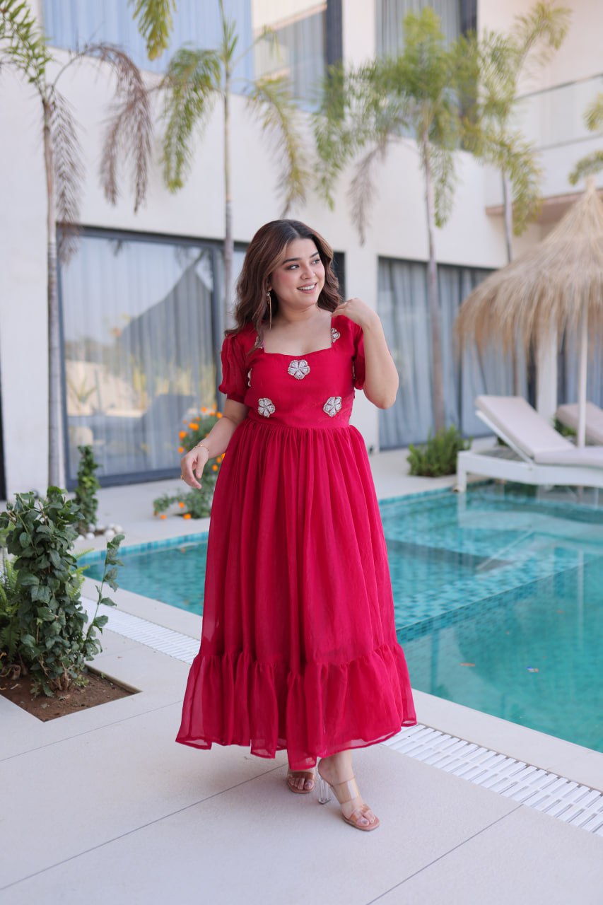 Pink Fendi Silk With Beads Embroidered Work Gown