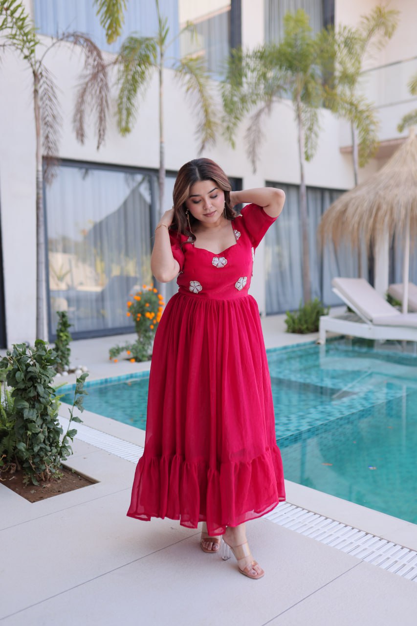 Pink Fendi Silk With Beads Embroidered Work Gown