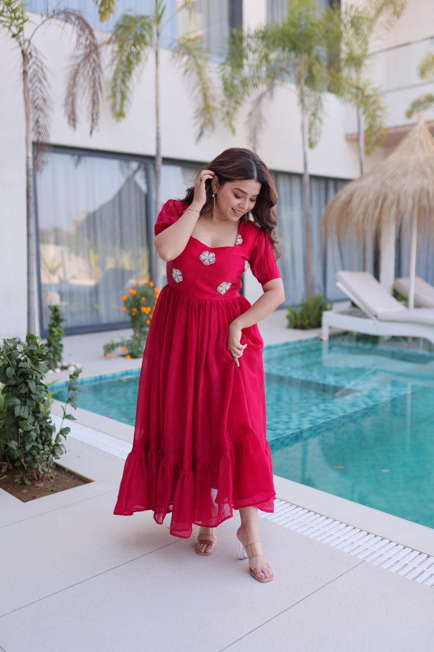 Pink Fendi Silk With Beads Embroidered Work Gown