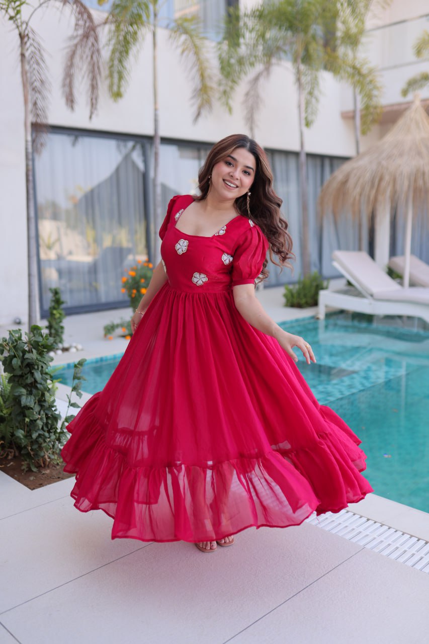 Pink Fendi Silk With Beads Embroidered Work Gown