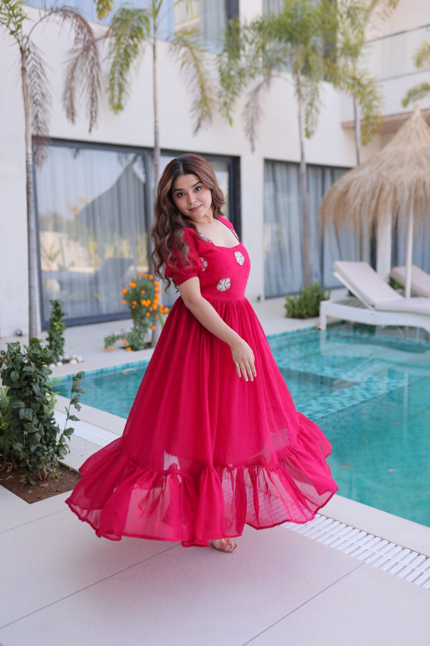 Pink Fendi Silk With Beads Embroidered Work Gown