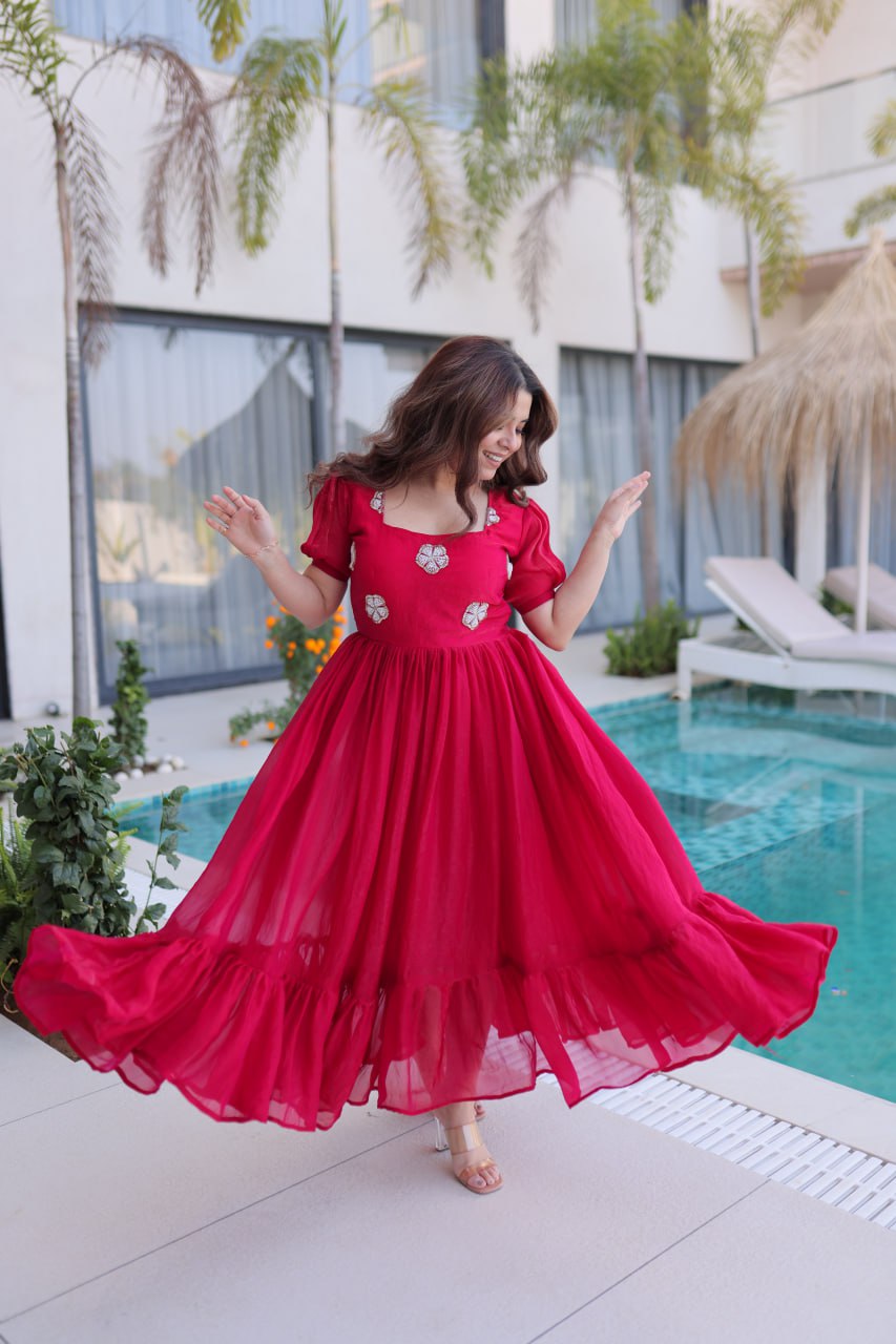 Pink Fendi Silk With Beads Embroidered Work Gown