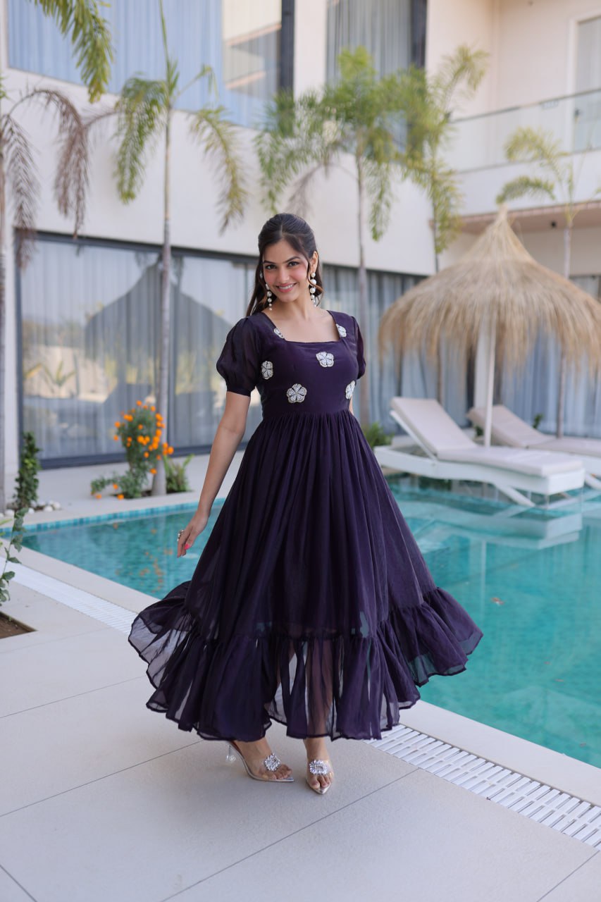 Dark Purple Fendi Silk With Beads Embroidered Work Gown