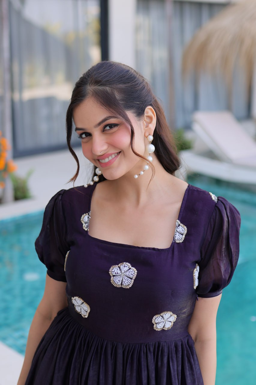 Dark Purple Fendi Silk With Beads Embroidered Work Gown