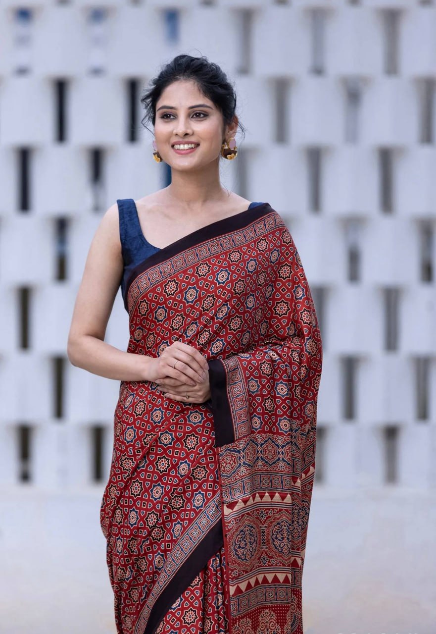 Red Original Semi Gajji SilkAjrakh Rich Pallu With Contrast Blouse Saree