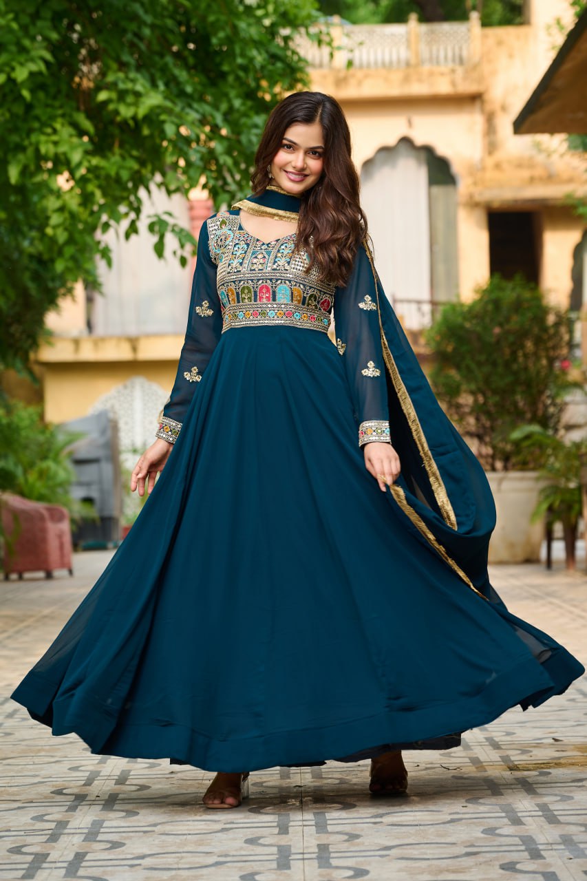 Rama Faux Blooming With Sequins Multi Thread Embroidered Work Gown