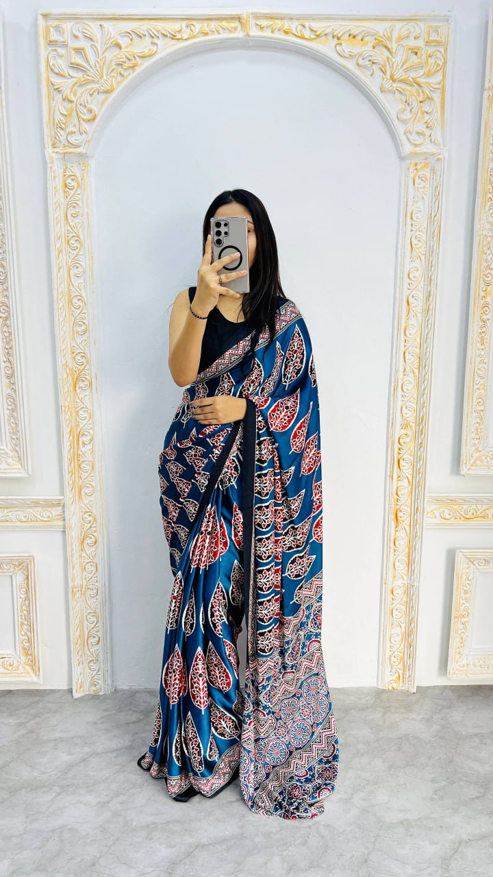 Royal Blue Original Semi Gajji Silk Traditional Ajrak Design Saree