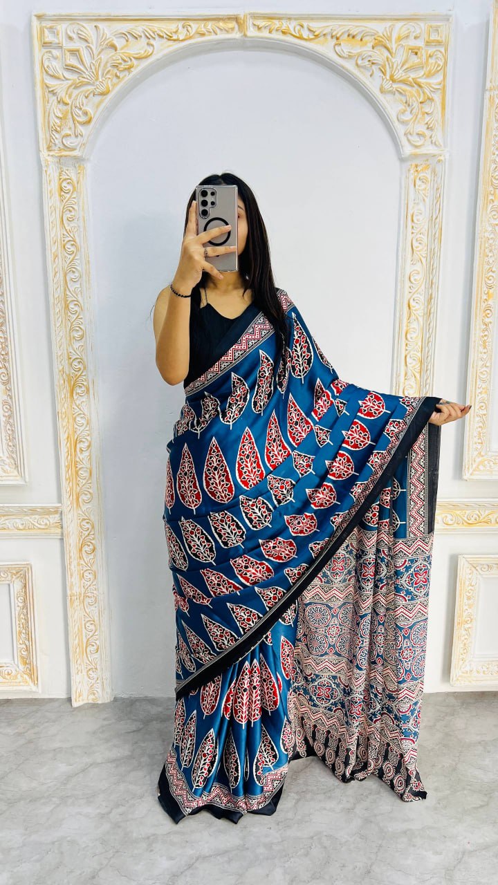 Royal Blue Original Semi Gajji Silk Traditional Ajrak Design Saree