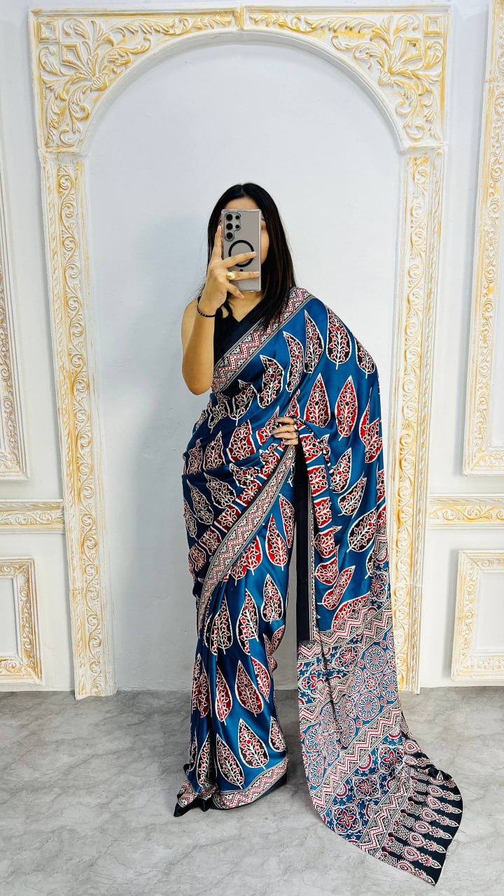 Royal Blue Original Semi Gajji Silk Traditional Ajrak Design Saree