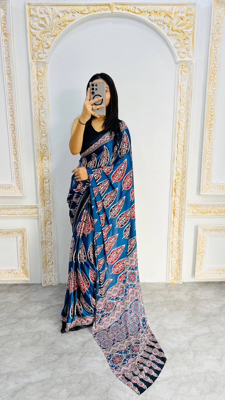 Royal Blue Original Semi Gajji Silk Traditional Ajrak Design Saree