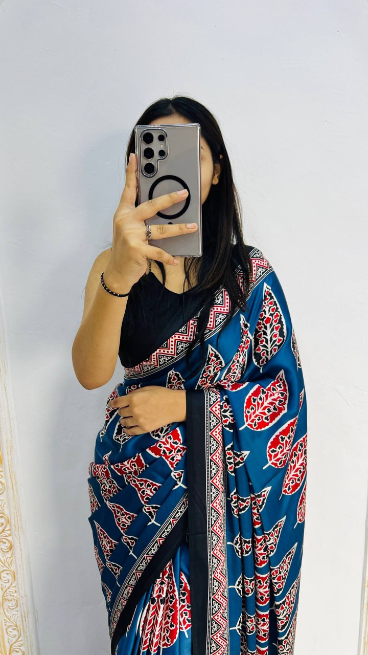 Royal Blue Original Semi Gajji Silk Traditional Ajrak Design Saree