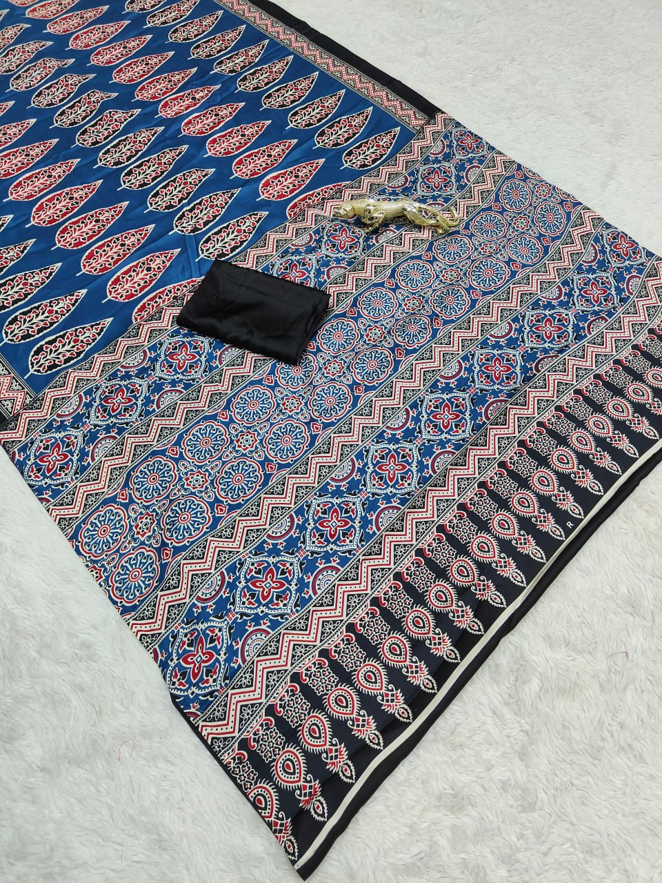 Royal Blue Original Semi Gajji Silk Traditional Ajrak Design Saree