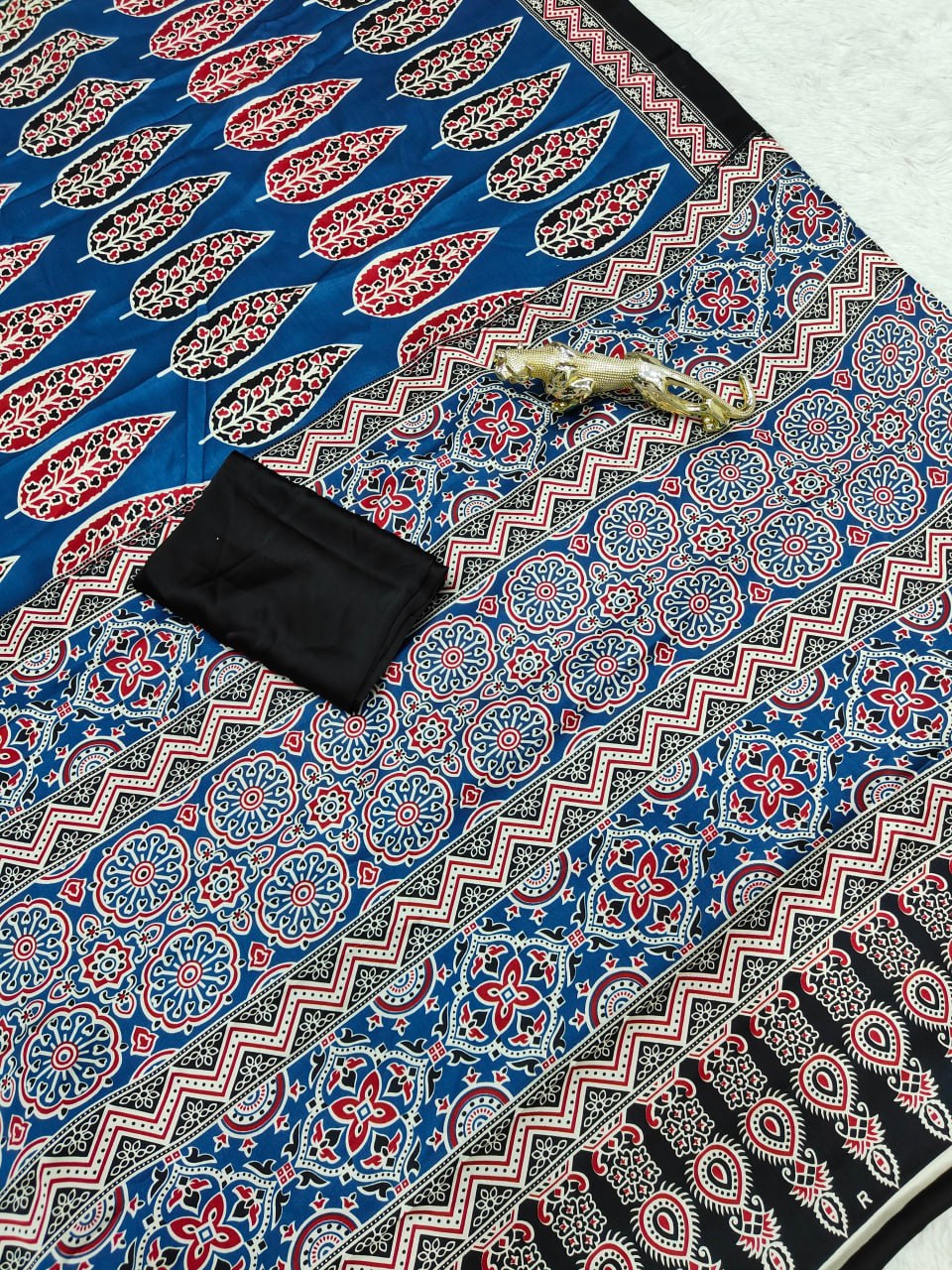 Royal Blue Original Semi Gajji Silk Traditional Ajrak Design Saree