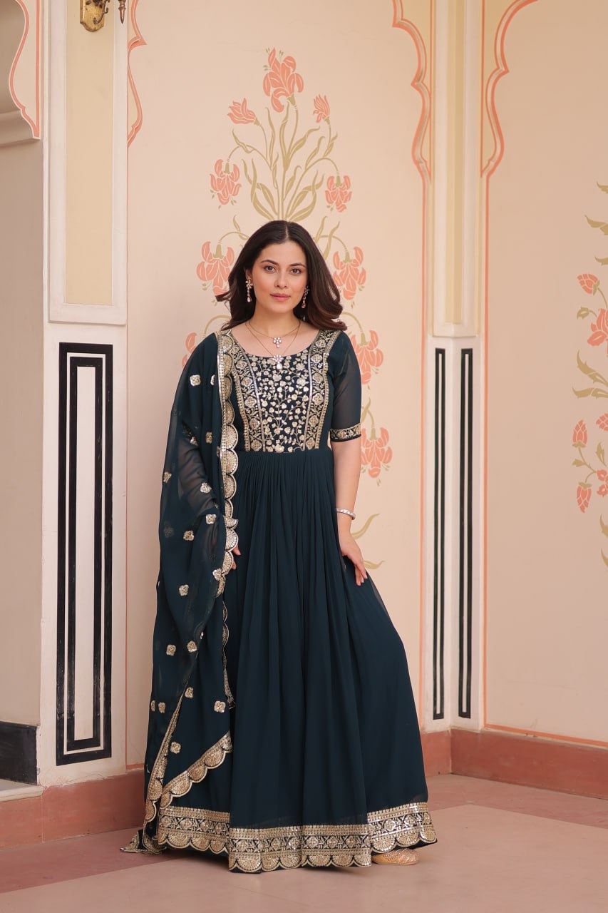 Rama Faux Blooming With Embroidery Zari Sequins Work Gown