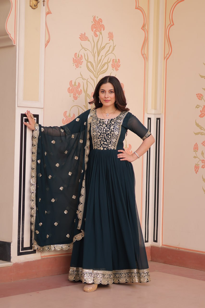 Rama Faux Blooming With Embroidery Zari Sequins Work Gown