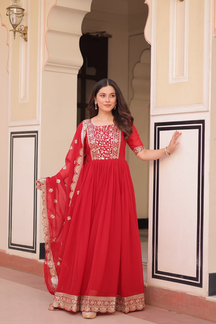 Red Faux Blooming With Embroidery Zari Sequins Work Gown