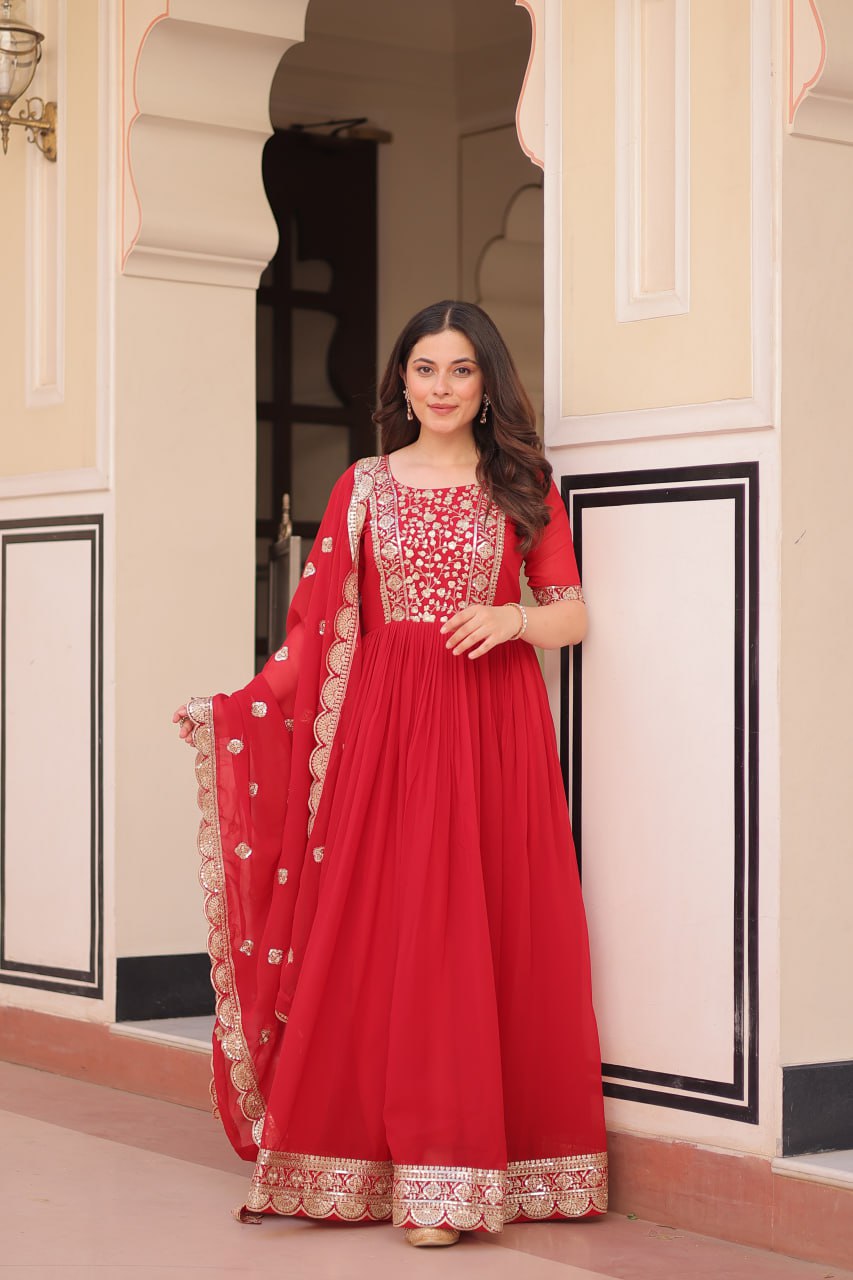 Red Faux Blooming With Embroidery Zari Sequins Work Gown