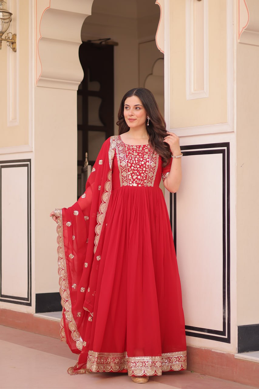 Red Faux Blooming With Embroidery Zari Sequins Work Gown