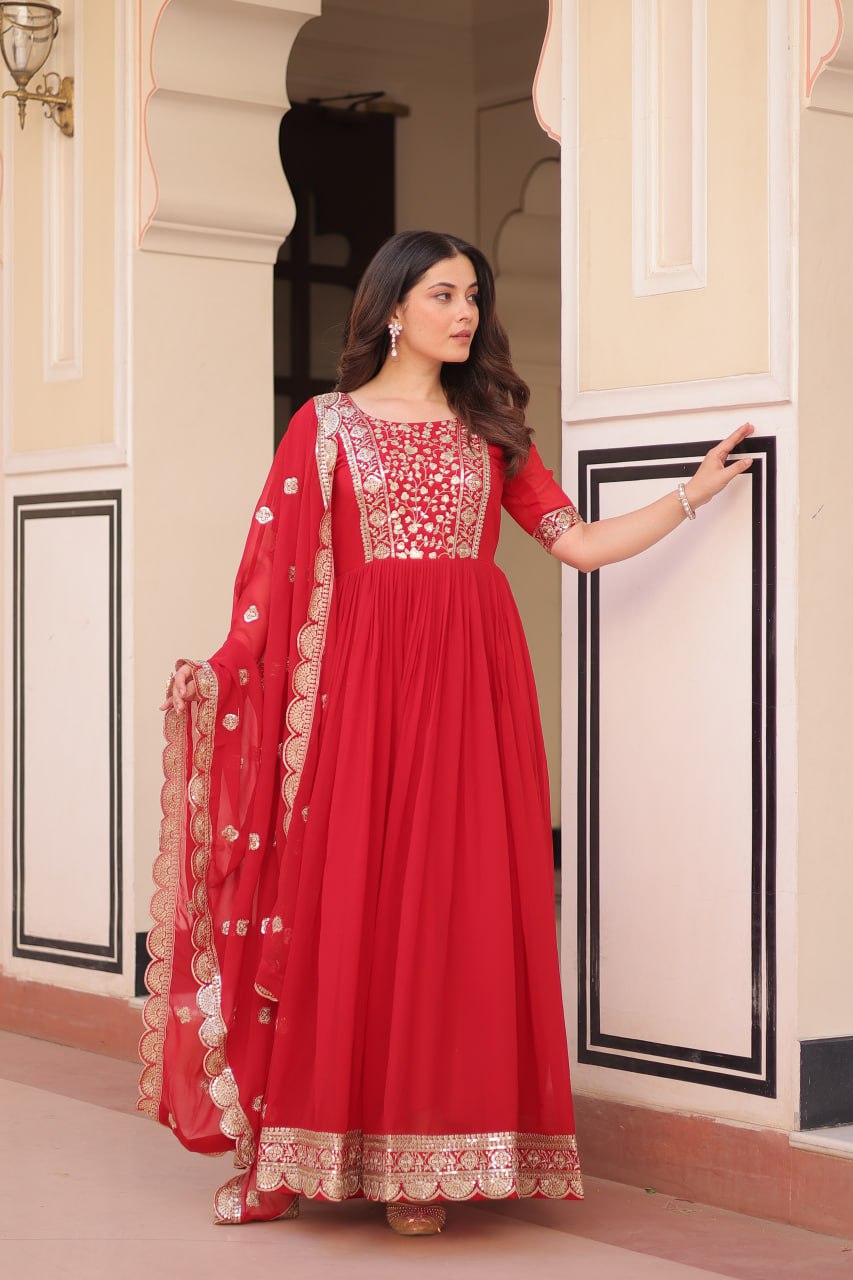 Red Faux Blooming With Embroidery Zari Sequins Work Gown