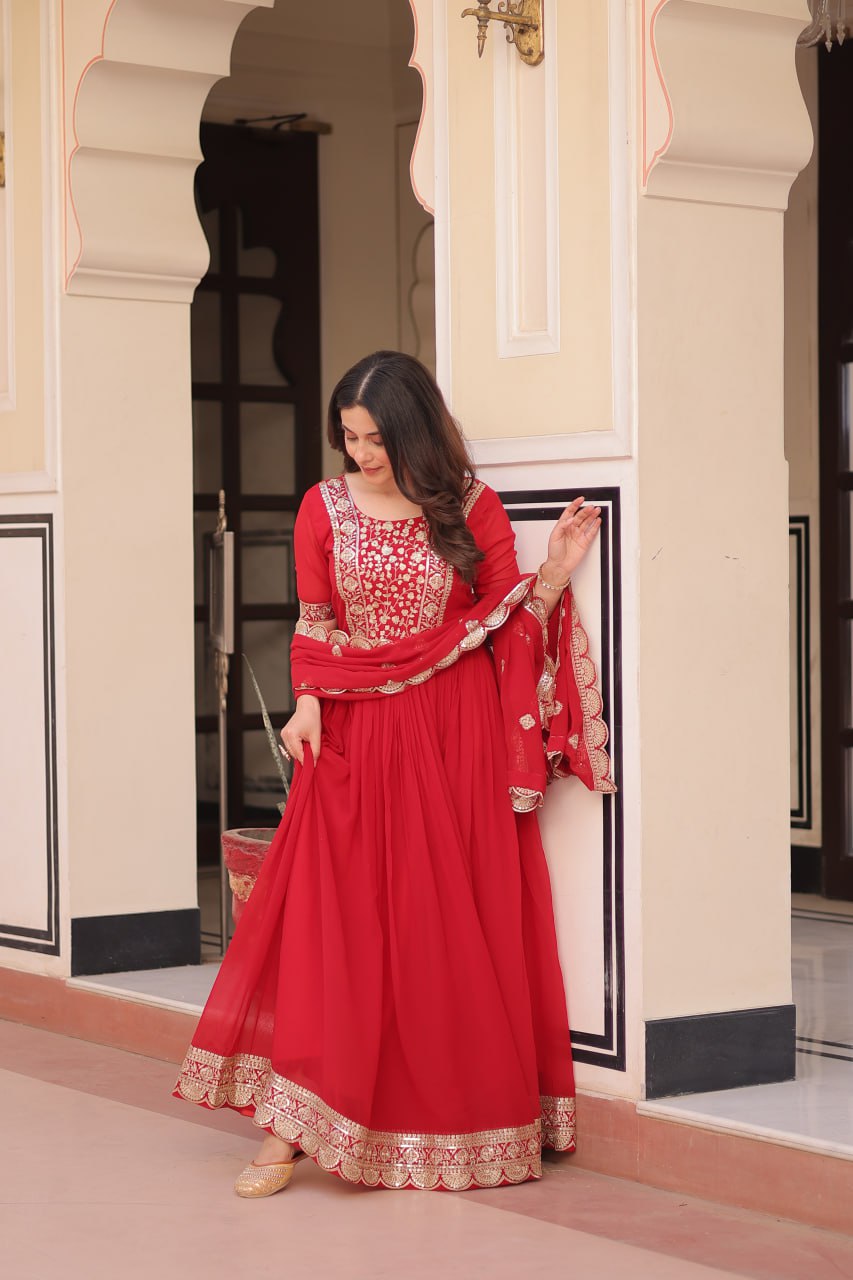 Red Faux Blooming With Embroidery Zari Sequins Work Gown