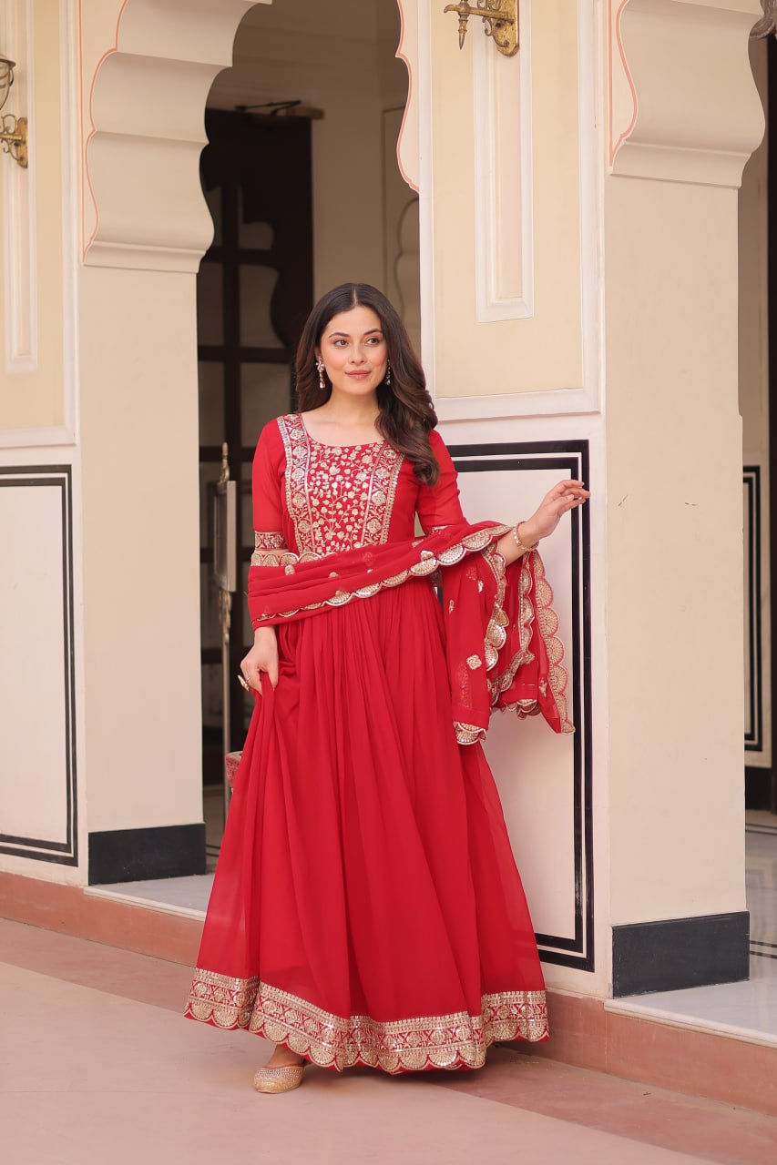 Red Faux Blooming With Embroidery Zari Sequins Work Gown