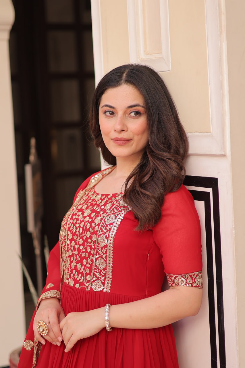 Red Faux Blooming With Embroidery Zari Sequins Work Gown