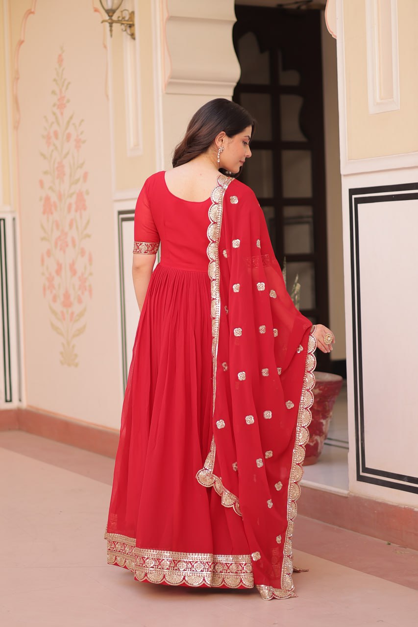 Red Faux Blooming With Embroidery Zari Sequins Work Gown
