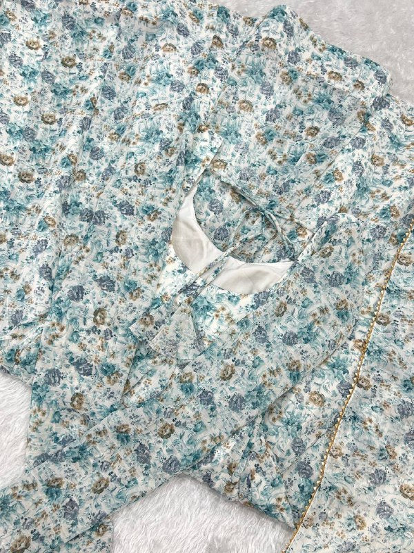 Sky Blue Heavy Orange Chiffon Floral Print Salwar Suit