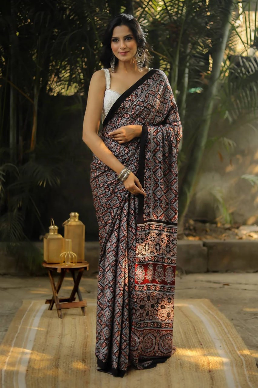 Black Original Semi Gajji Silk Traditional Ajrak Design Saree