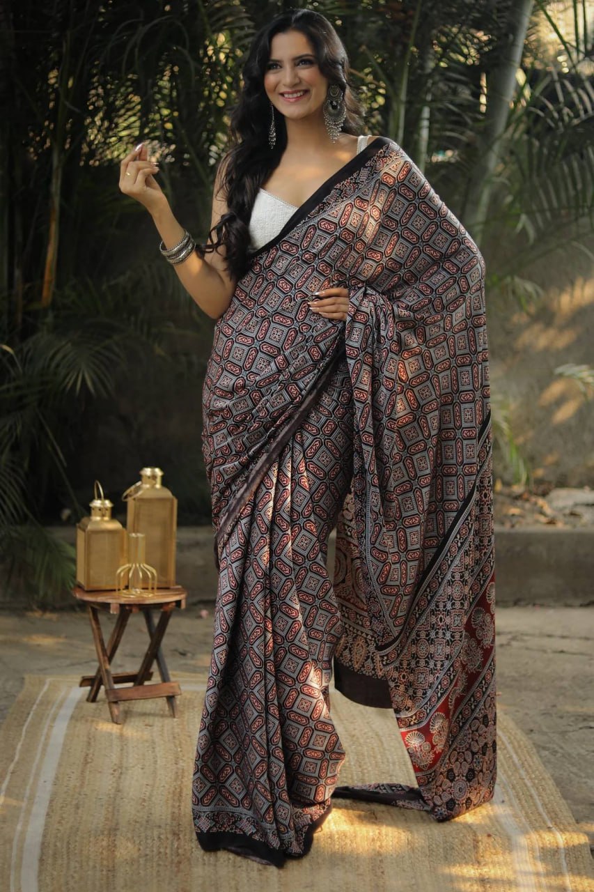 Black Original Semi Gajji Silk Traditional Ajrak Design Saree