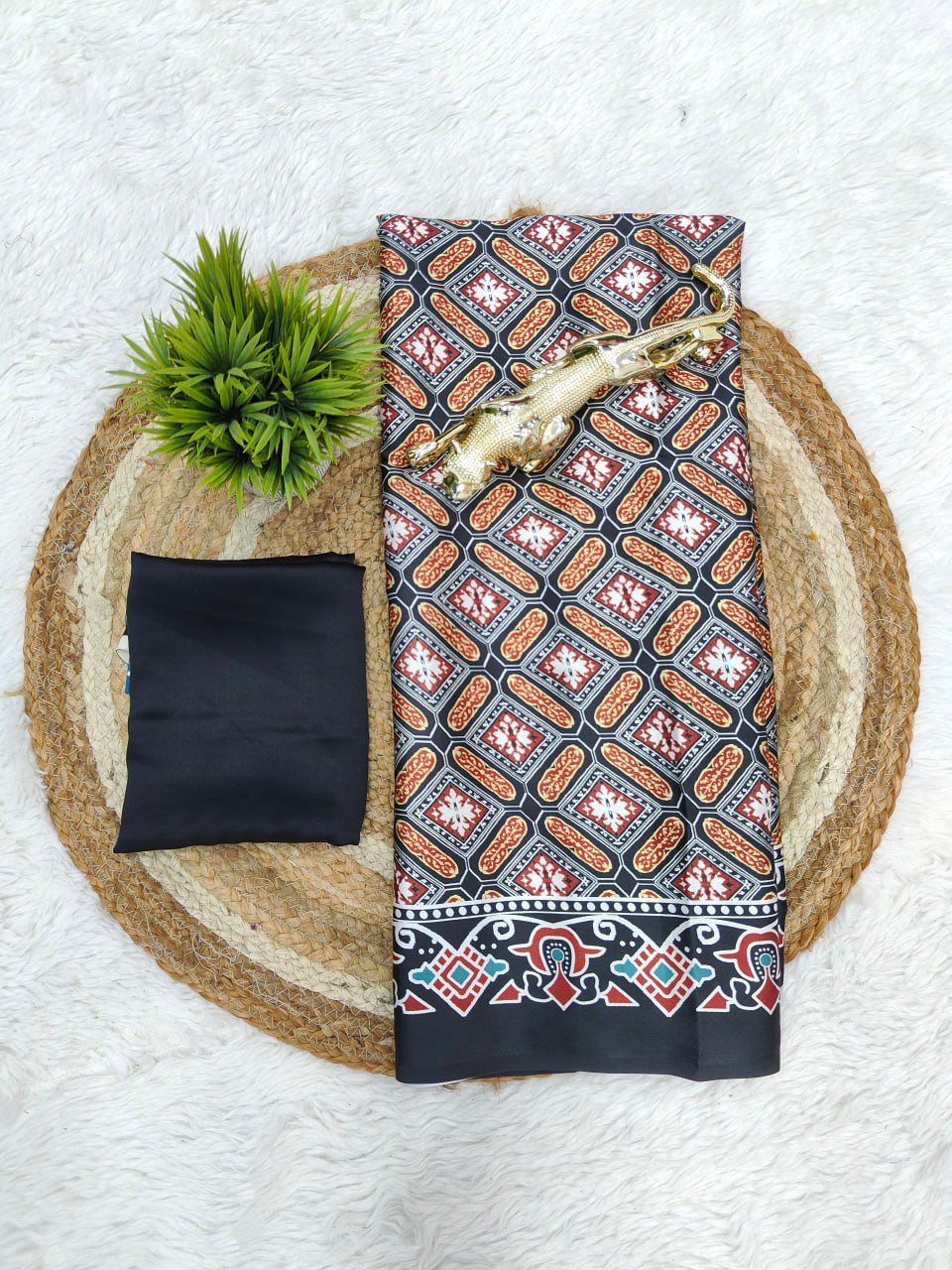 Black Original Semi Gajji Silk Traditional Ajrak Design Saree