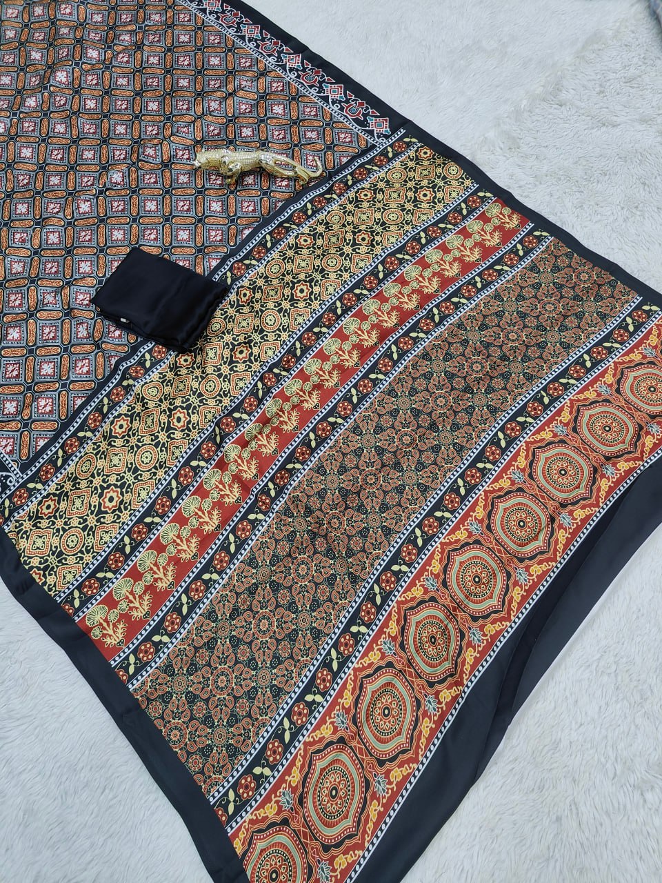 Black Original Semi Gajji Silk Traditional Ajrak Design Saree