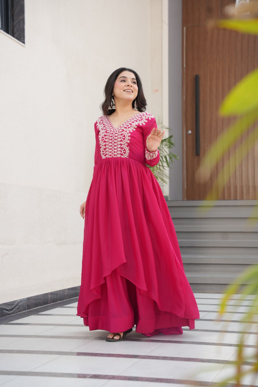 Pink Star Georgette Designer V Neck Sequins Work Gown