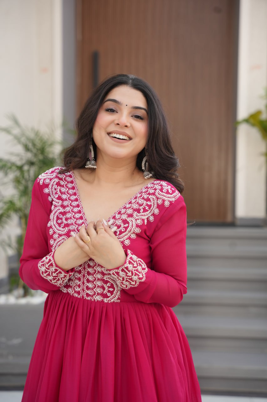 Pink Star Georgette Designer V Neck Sequins Work Gown