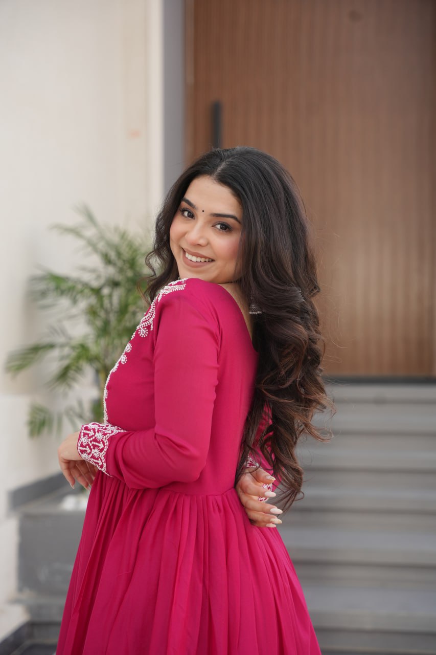 Pink Star Georgette Designer V Neck Sequins Work Gown