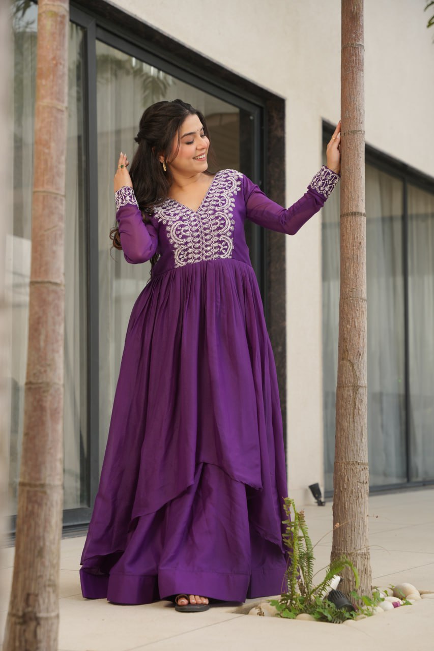 Purple Star Georgette Designer V Neck Sequins Work Gown
