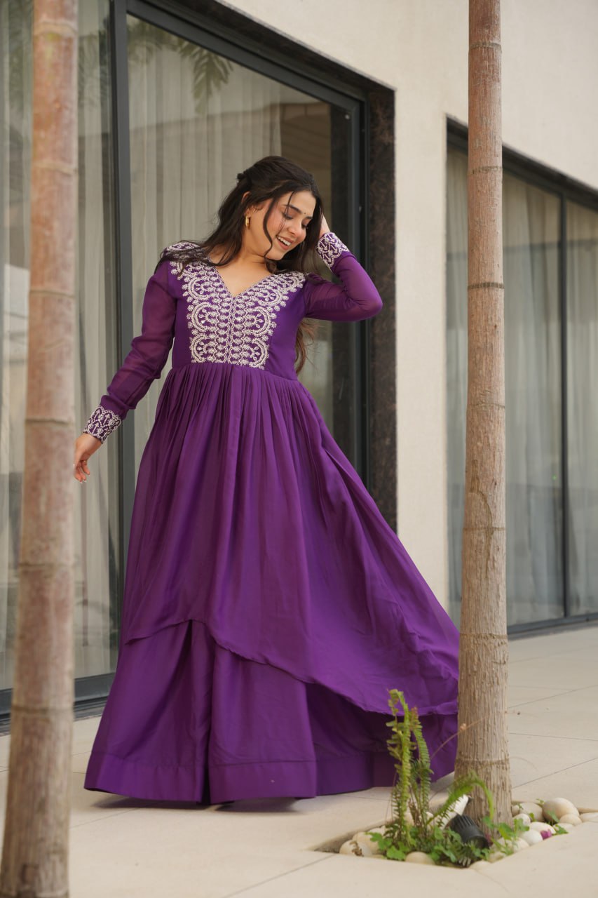 Purple Star Georgette Designer V Neck Sequins Work Gown