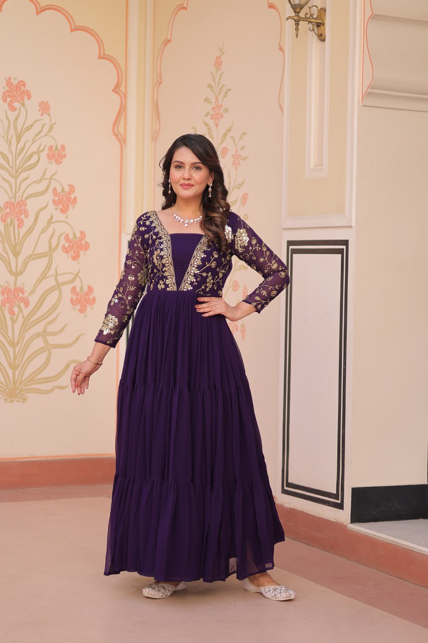Purple Faux Blooming With Sequins Zari Embroidered Work Gown