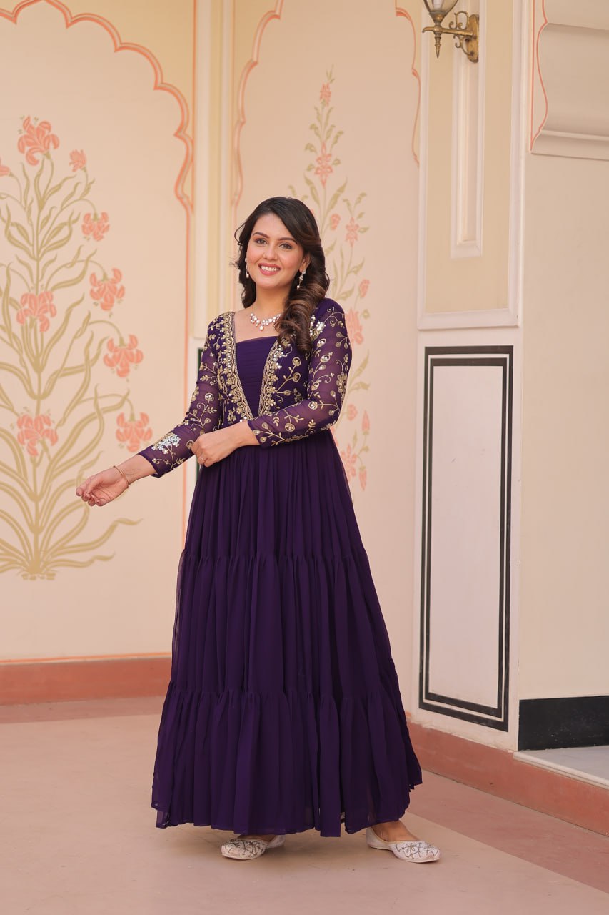 Purple Faux Blooming With Sequins Zari Embroidered Work Gown