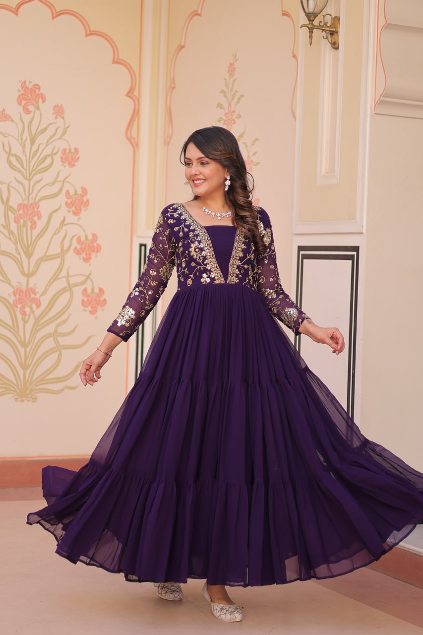 Purple Faux Blooming With Sequins Zari Embroidered Work Gown
