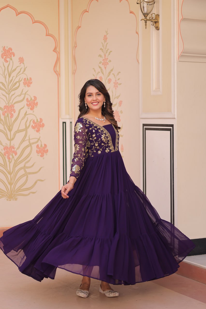 Purple Faux Blooming With Sequins Zari Embroidered Work Gown