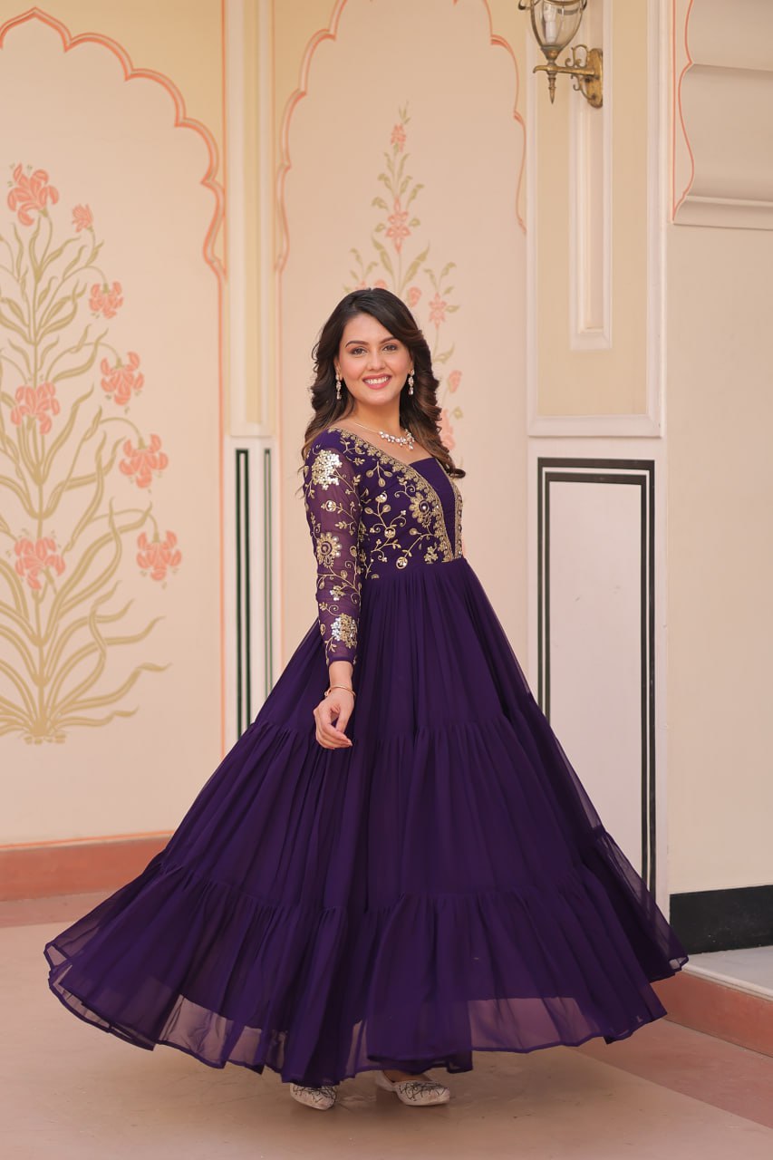 Purple Faux Blooming With Sequins Zari Embroidered Work Gown