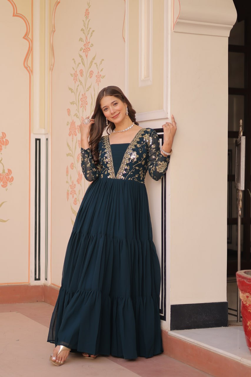 Rama Faux Blooming With Sequins Zari Embroidered Work Gown