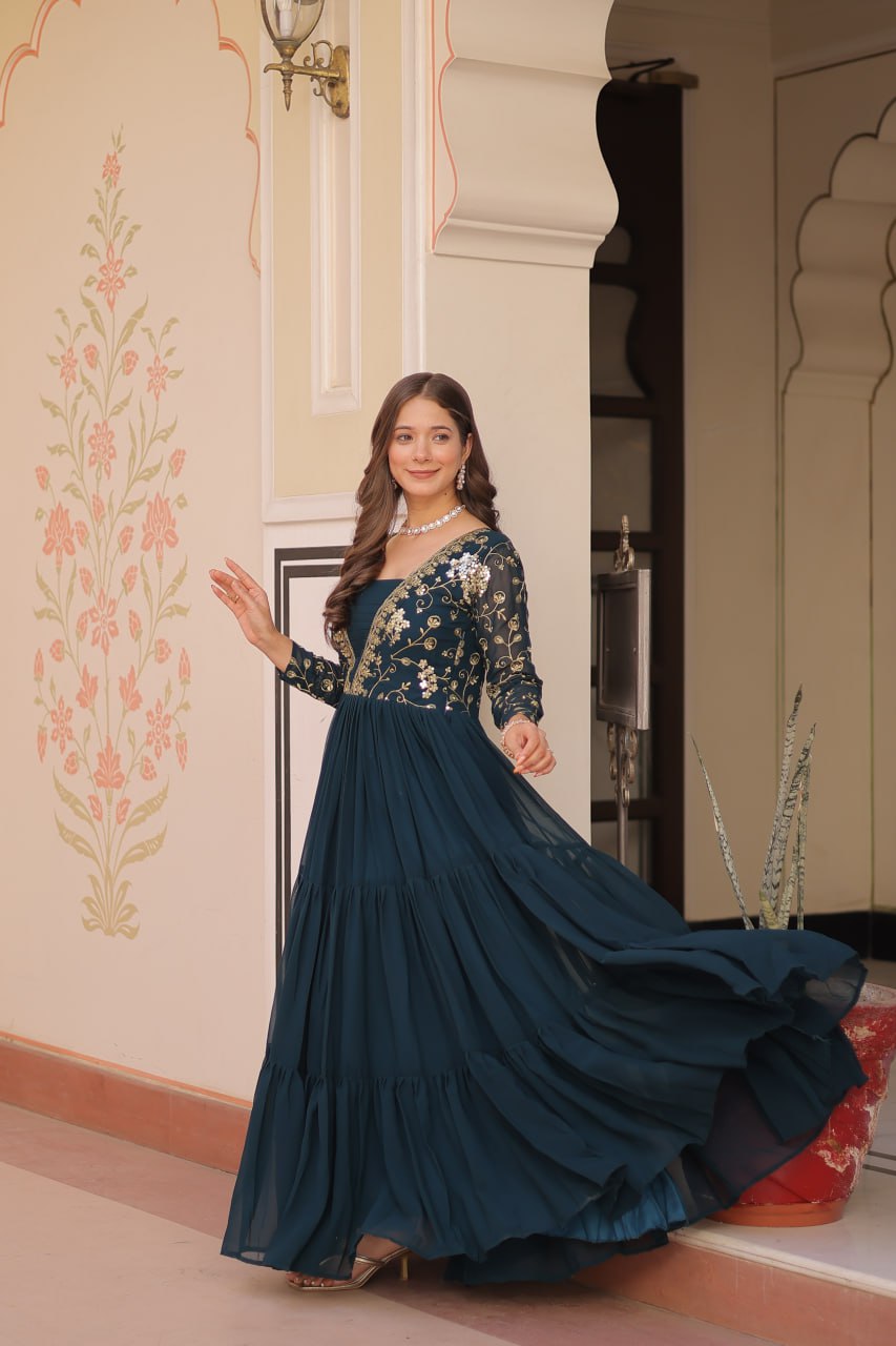 Rama Faux Blooming With Sequins Zari Embroidered Work Gown