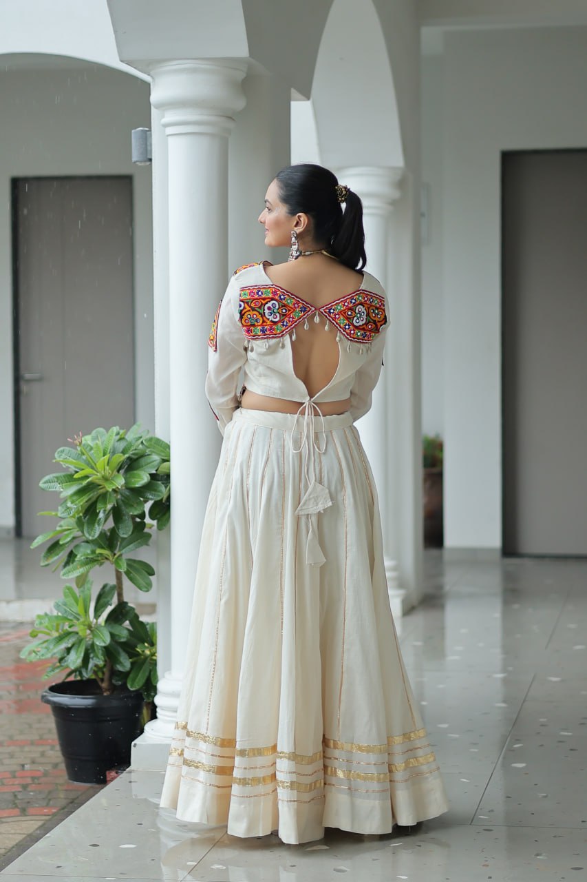 White Kora Cotton Kutchi Gamthi Embroidered Work Navratri Lehenga Choli